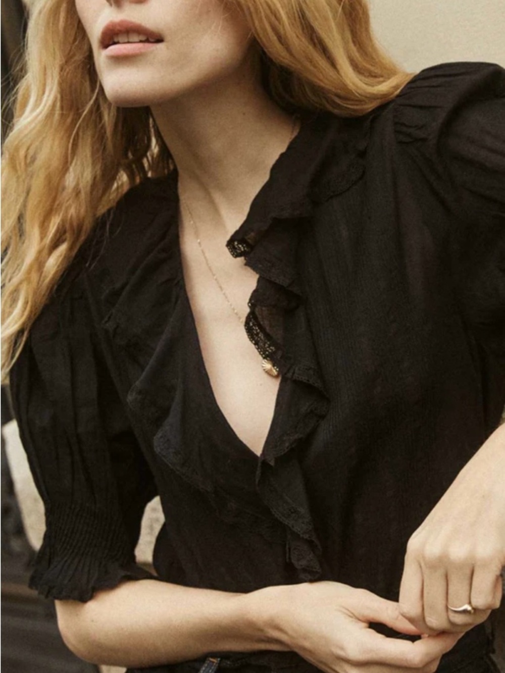 Doen Black Ruffled V-Neck Blouse PRICE IS FIRM